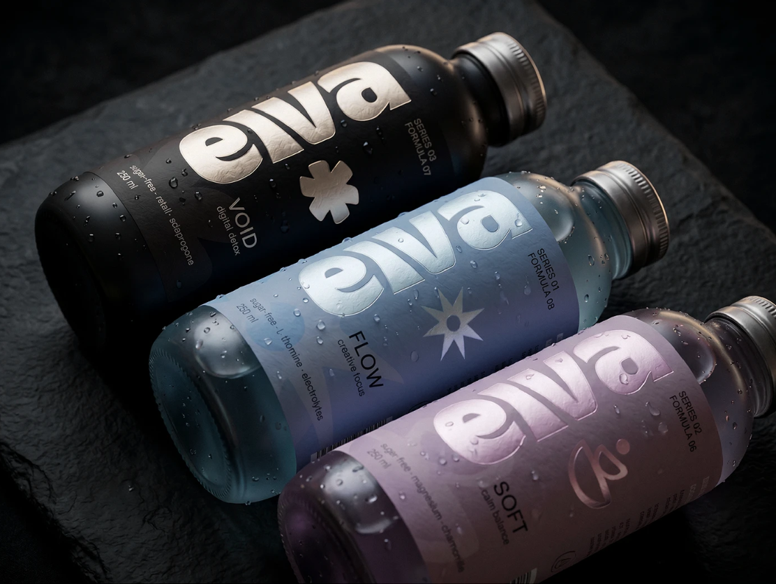 Product and packaging work sample — Eiva bottle range